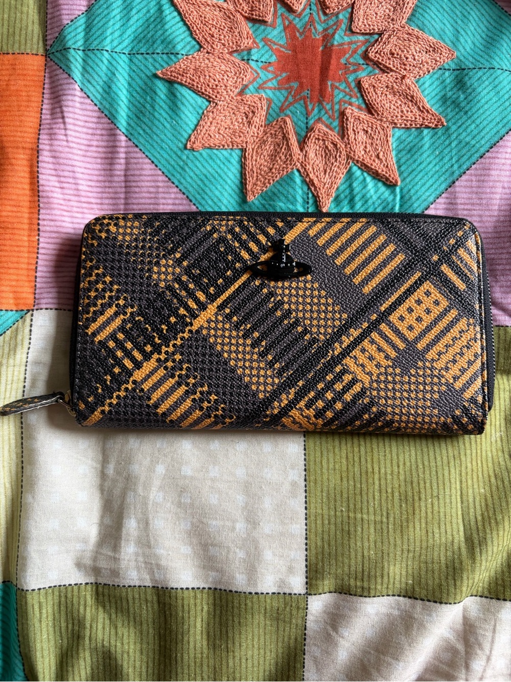 Vivian Westwood Textured Plaid Zip Wallet in Mustard and Black